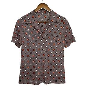 Vintage Popover 1970s Partial Button Short Sleeve Rockabilly Blouse Size 14
